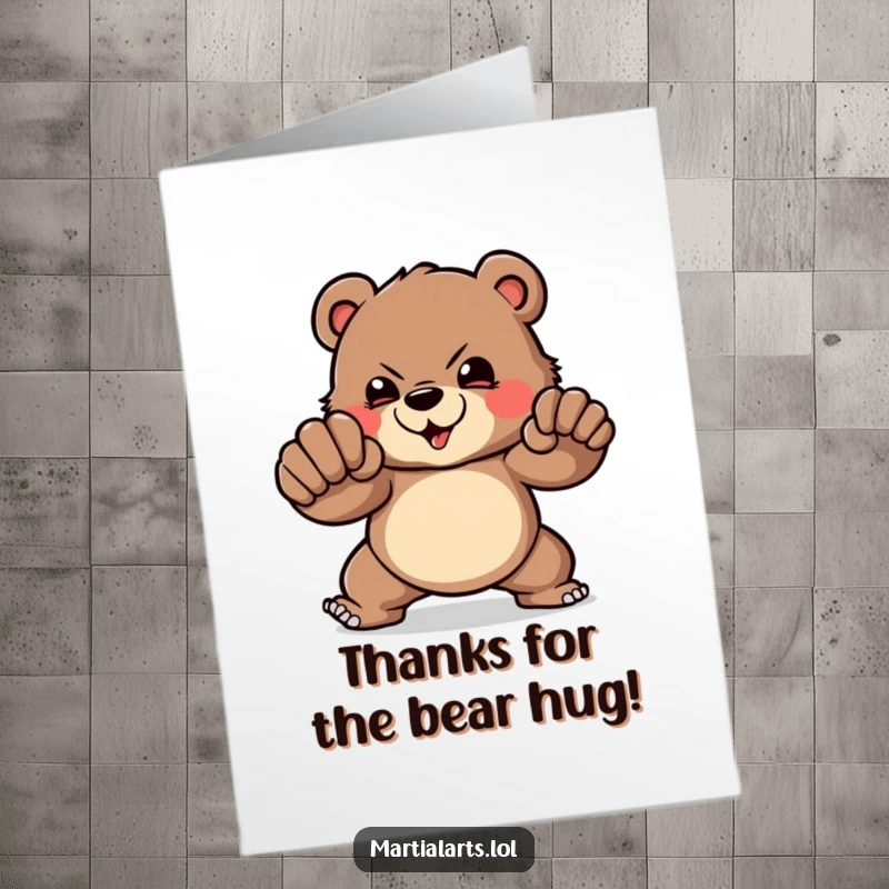 Funny Free Printable Thank You Card featuring a brave bear delivering a powerful punch of thanks, showing appreciation with impressive force.