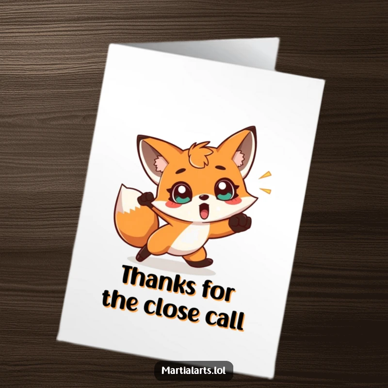 Funny Free Printable Thank You Card: A wide-eyed fox comically dodges a swift punch.