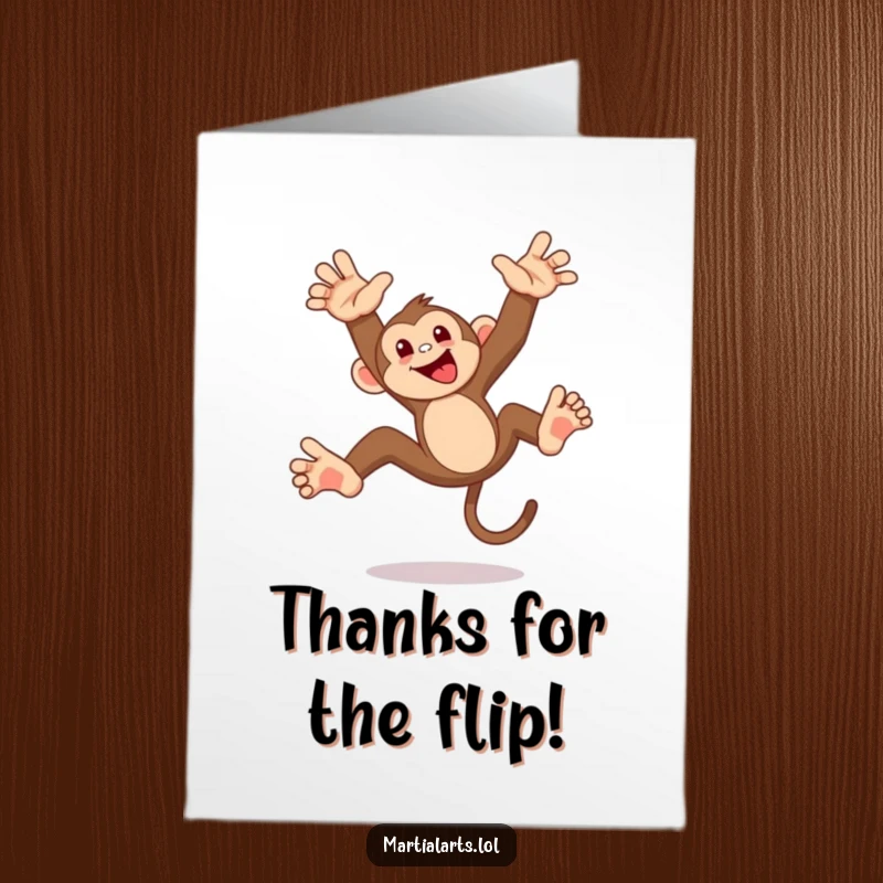 Funny Free Printable Thank You Card: A mischievous monkey attempting a playful, acrobatic flip to show thanks.
