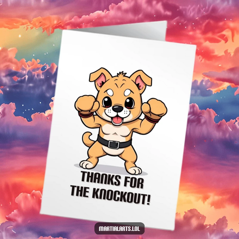 Funny Free Printable Thank You Card: A proud dog in boxing gloves strikes a victorious pose, expressing thanks.