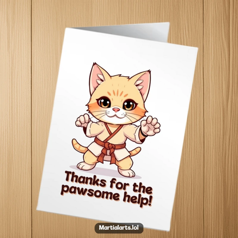 Funny Free Printable Thank You Card with a curious kitten striking an impressive martial arts pose, conveying gratitude.
