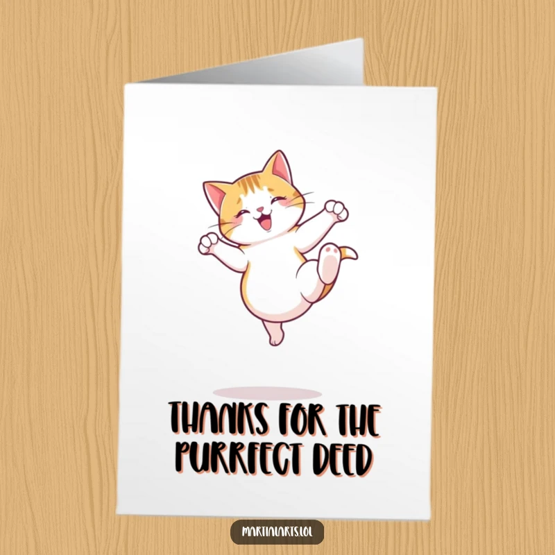 Funny Free Printable thank you card with a jumping cat performing a playful roundhouse kick, conveying thanks with humor.