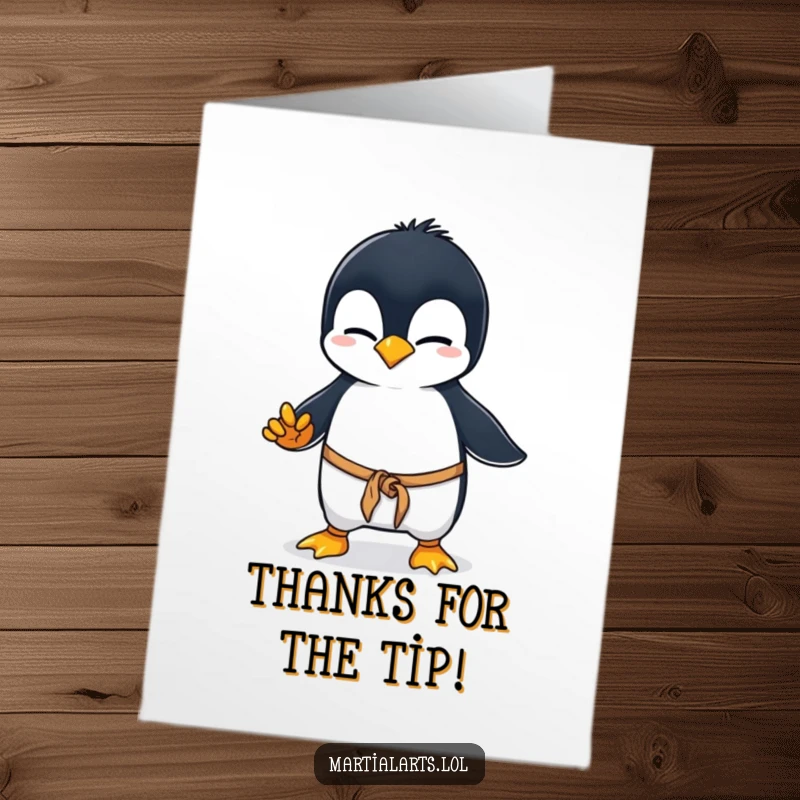 Funny Free Printable Thank You Card: A curious penguin wobbling through a clumsy martial arts stance, saying thanks.