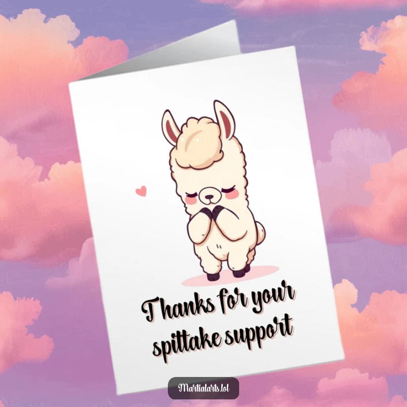 Funny free printable thank you card of a content llama bowing respectfully, offering thanks with a gentle demeanor.