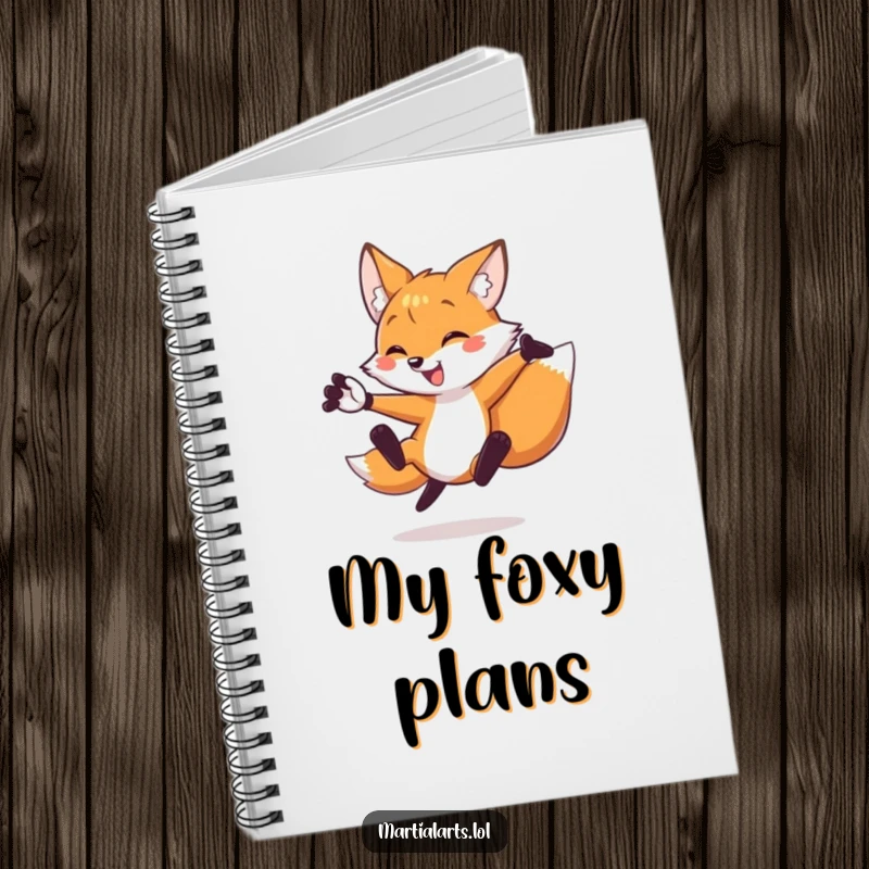 Funny fox notebook featuring a fox delivering a flying side kick, ideal for jotting down plans and inspired ideas.