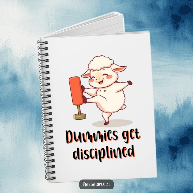 Funny notebook cover with a giggling sheep kicking a training dummy, inspiring humorous thoughts and creative writing.