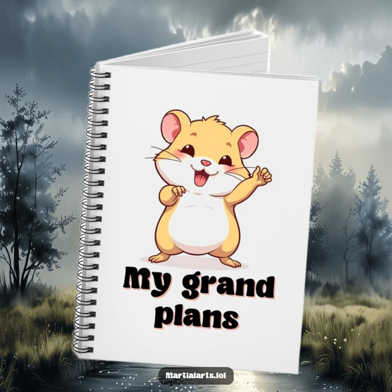 Funny notebook cover with a beaming hamster striking a confident martial arts pose, ready for any task.