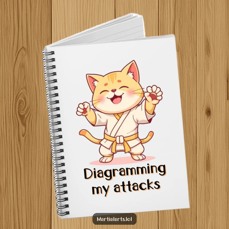 Funny Notebook: A happy cat striking a dynamic karate pose, perfect for jotting down notes with humorous martial arts flair.