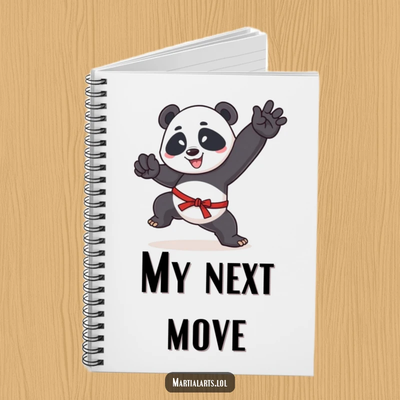 Funny notebook with a happy panda in a martial arts pose on the cover, perfect for jotting down ideas humorously.