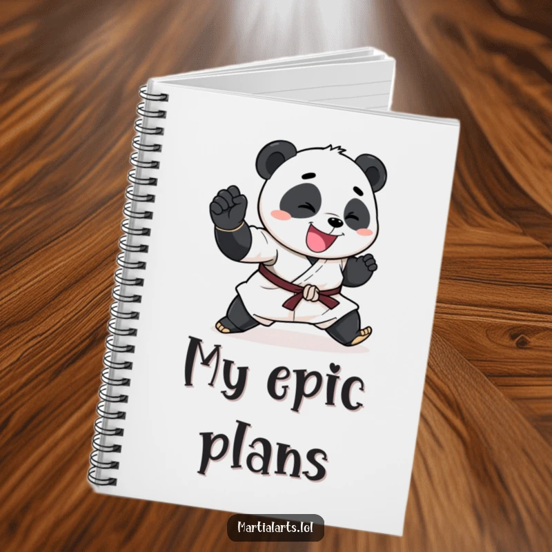 Funny Panda Notebook featuring a happy panda performing an exaggerated karate chop, for jotting down powerful thoughts.