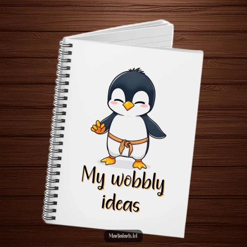 Funny penguin karate notebook, a curious penguin wobbling in a clumsy martial arts stance, ready to capture your funny thoughts and notes with penguin charm.