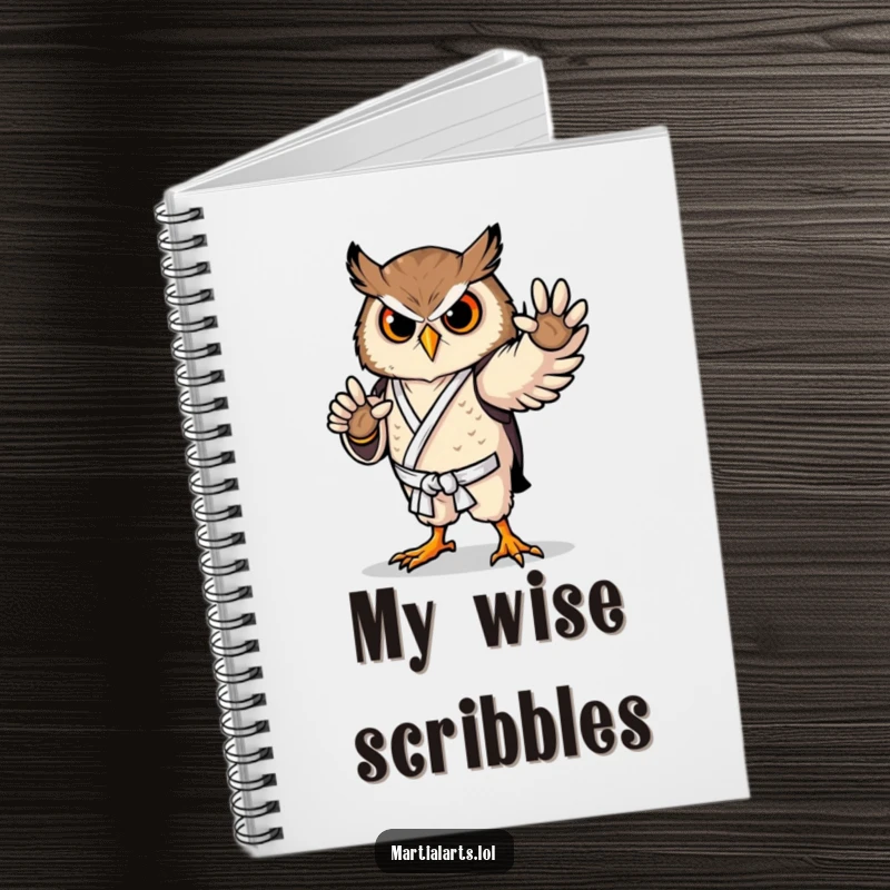 Funny owl karate notebook showing a proud bird in a graceful pose, ideal for jotting down thoughts with wisdom.