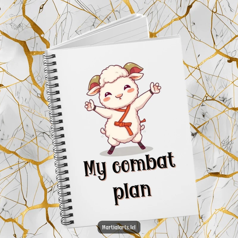 Funny sheep notebook featuring a giggling sheep attempting a wobbly martial arts move, ideal for writing and planning.