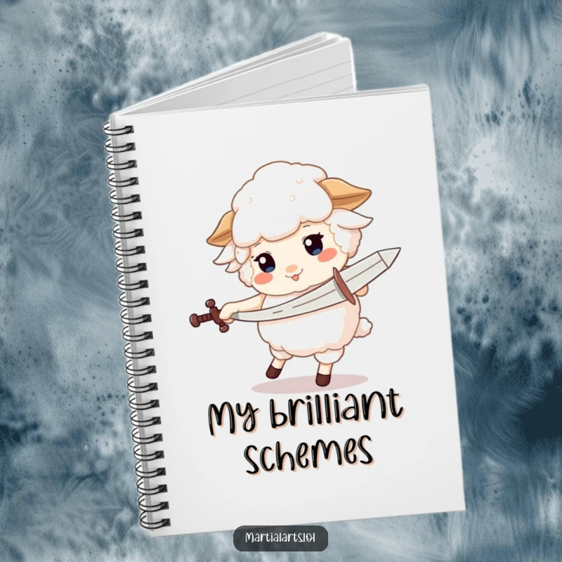 Funny notebook cover with a fluffy sheep spinning with a pretend sword, ready for any adventure.
