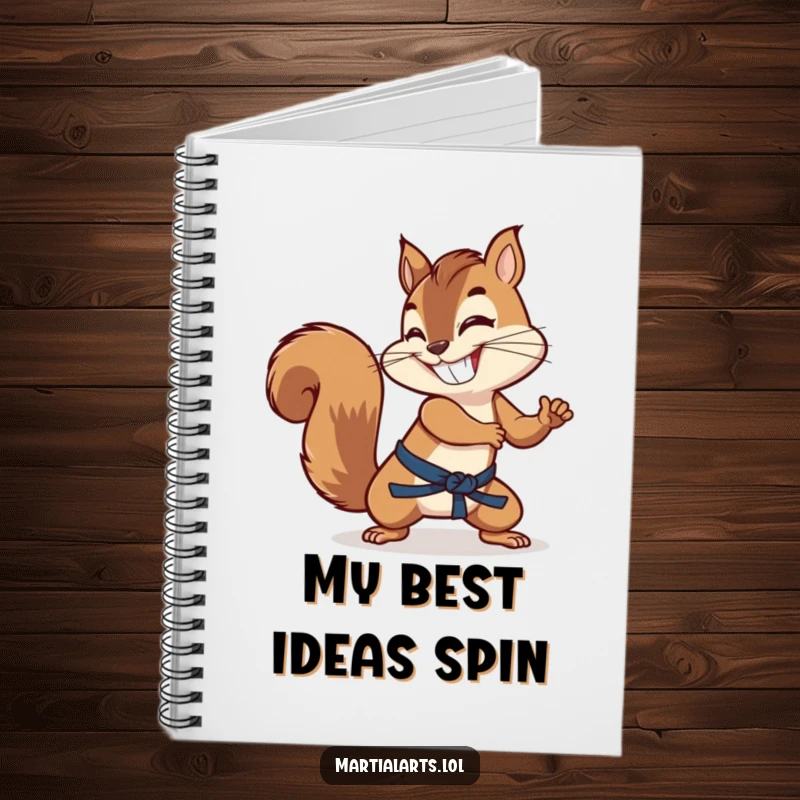 Funny squirrel with a grin, using its tail as a martial arts weapon, ready to 'strike' on this journal.