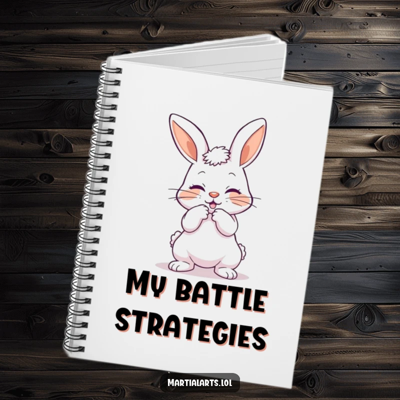 Funny notebook with a playful bunny bowing with a mock strike, perfect for jotting down ideas humorously.