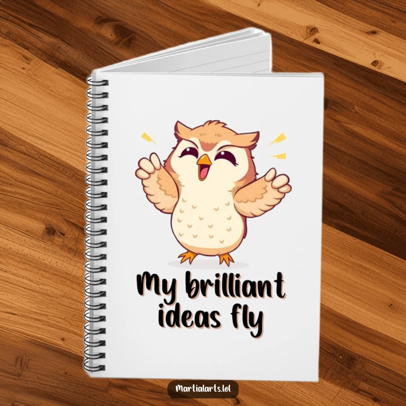 Funny notebook cover with a giggling owl punching the air, radiating energetic and comical enthusiasm.