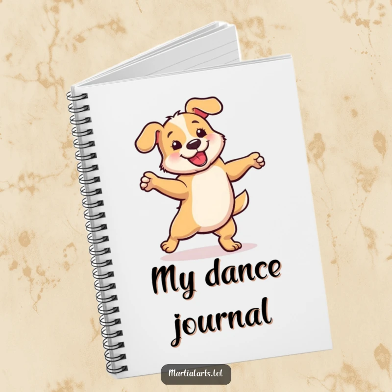Funny notebook with a dog in a playful, energetic spin, perfect for jotting down ideas humorously.
