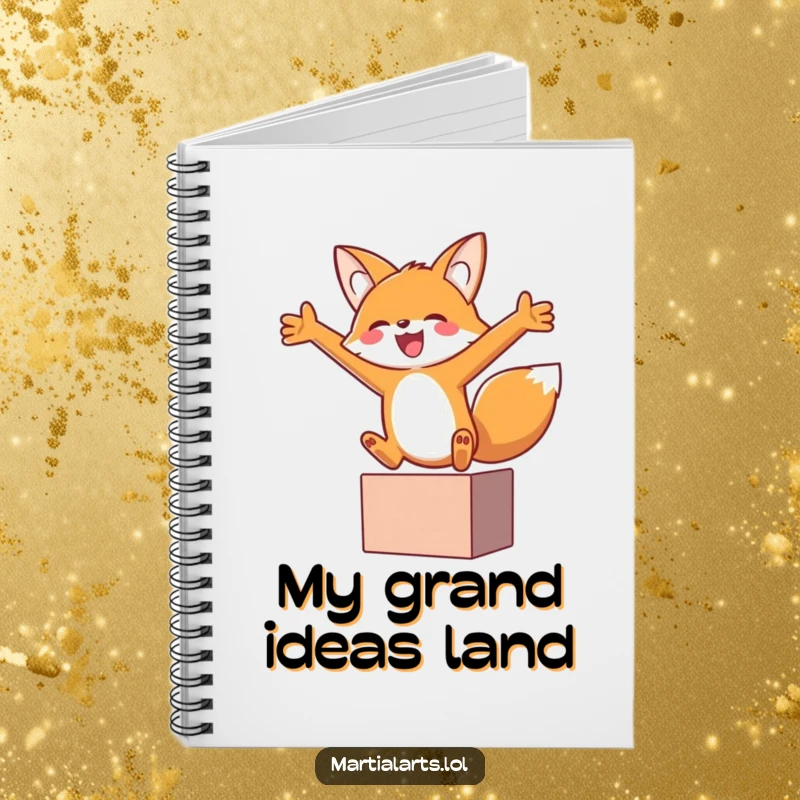 Funny fox in mid-leap with arms open in a block, printed on a notebook for jotting down funny thoughts.