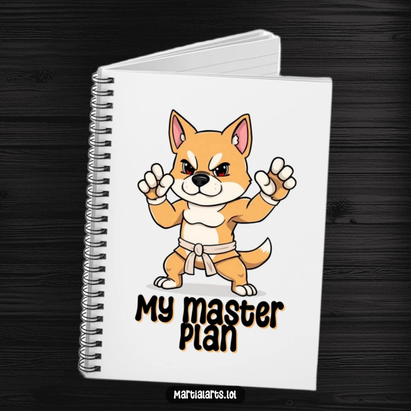 Funny Dog Notebook featuring a determined dog striking a proud, balanced martial arts stance, for jotting down focused thoughts.
