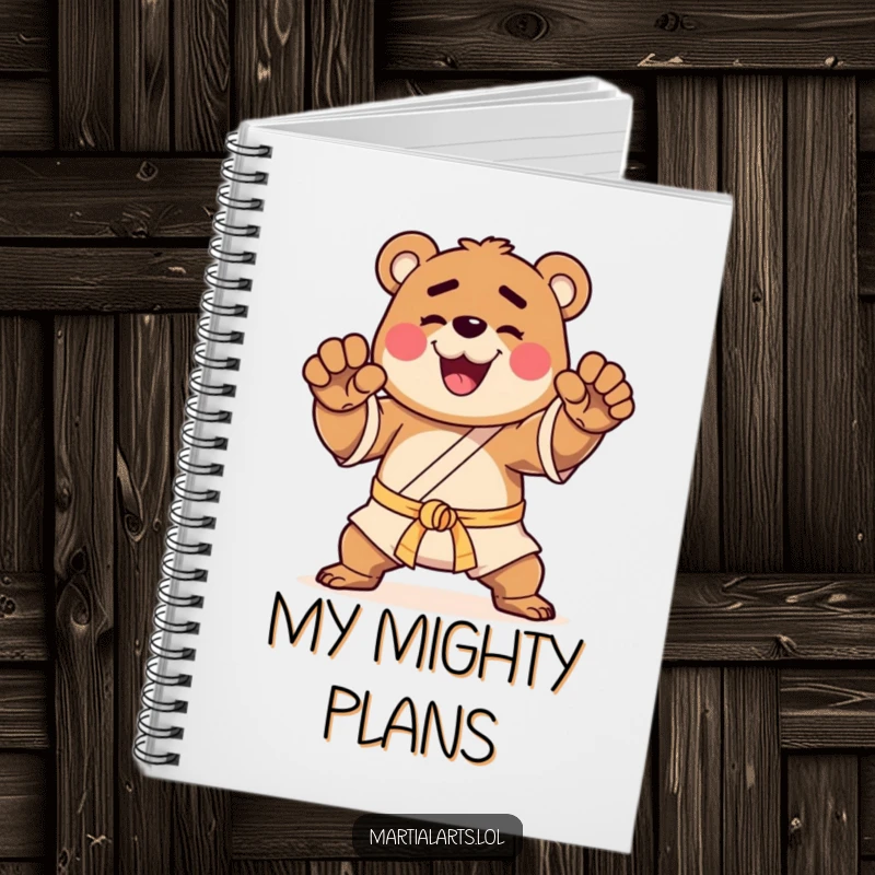 Funny notebook with a happy bear striking a martial arts pose, ideal for writing notes with warrior spirit.
