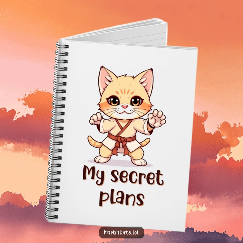Funny curious kitten in a martial arts pose on a notebook, a humorous and disciplined journal for writers.