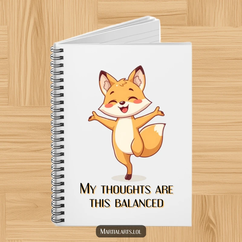 Funny fox notebook with a smiling fox expertly balancing on one leg, arms outstretched, ready to capture your brilliant ideas.