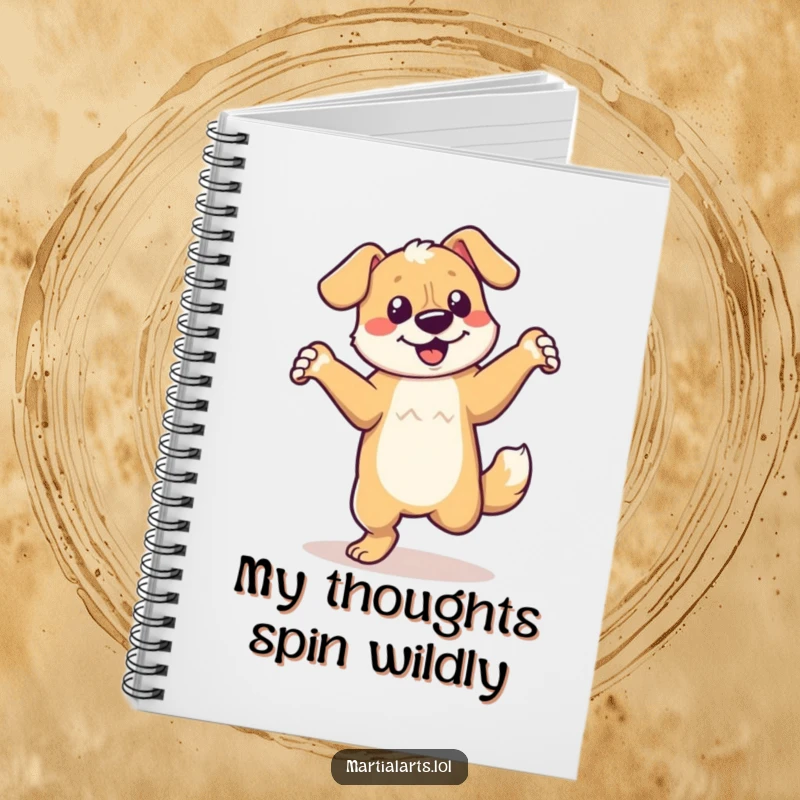 Funny dancing dog notebook with a dog in an energetic spin, encouraging creative writing.
