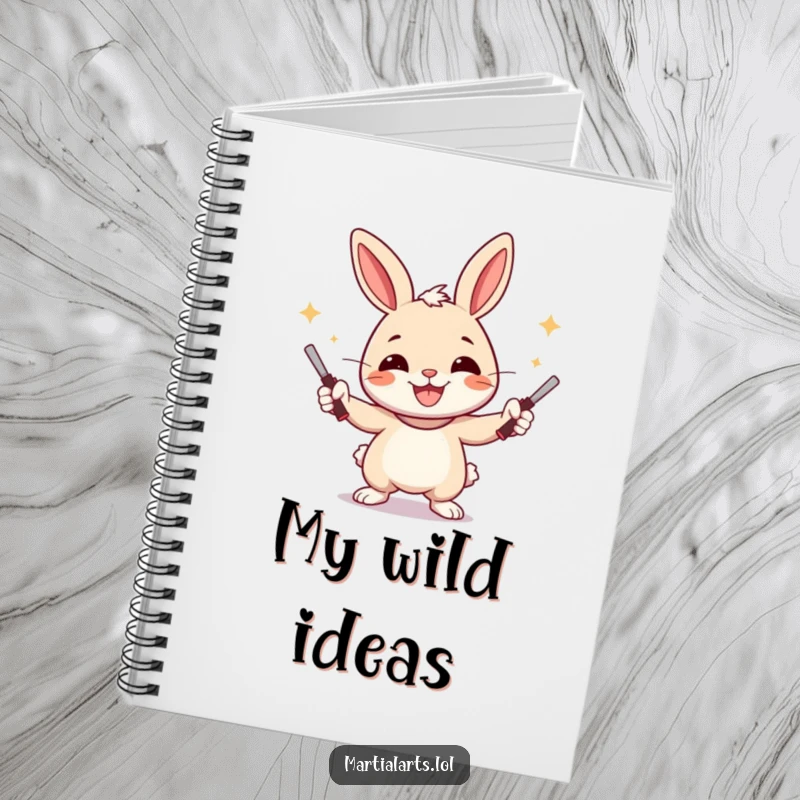 Funny Rabbit Notebook featuring a cheerful rabbit juggling nunchucks with a wide smile, for jotting down energetic thoughts.