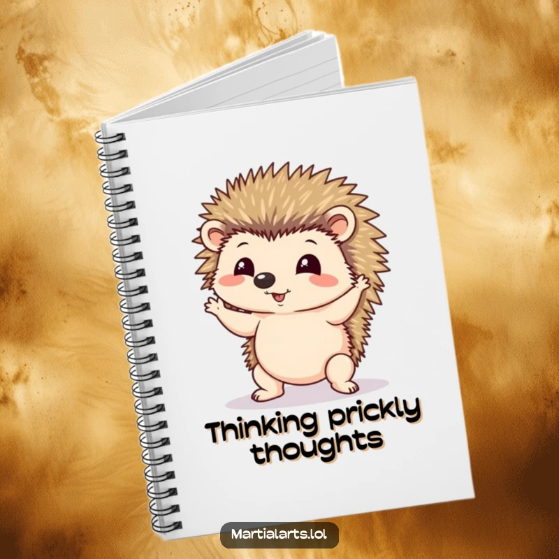 Funny notebook cover featuring a hedgehog attempting a comical, wobbly yoga pose, perfect for jotting notes.