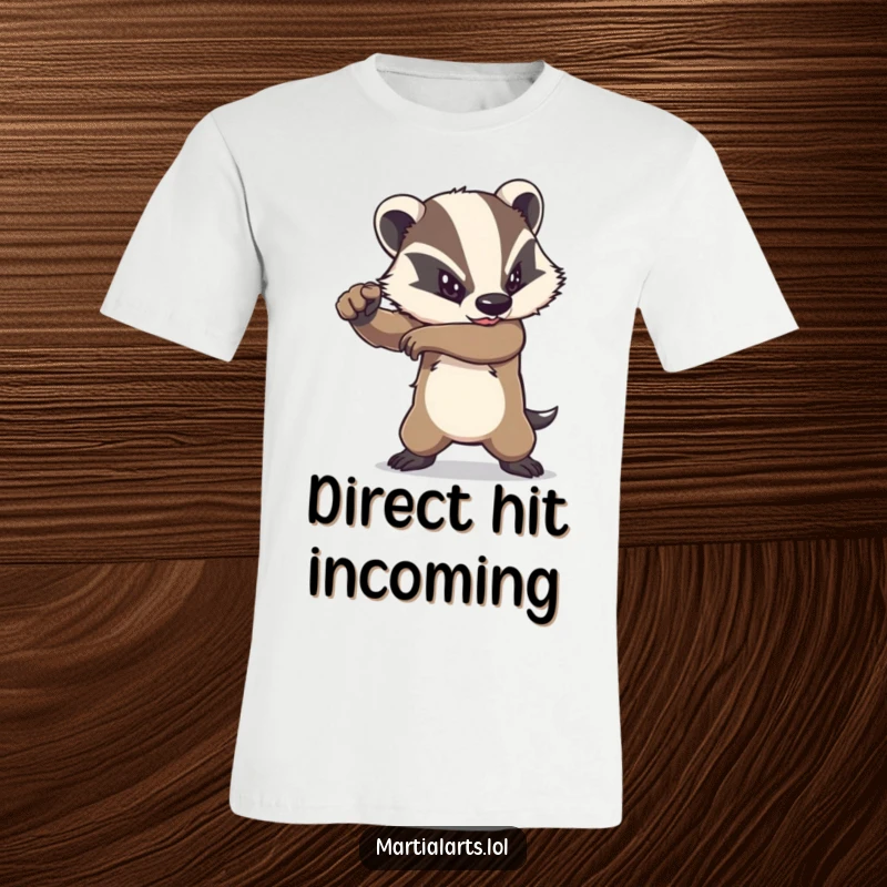 Funny badger t-shirt featuring a determined animal delivering a powerful elbow strike, symbolizing raw strength and combat skill.
