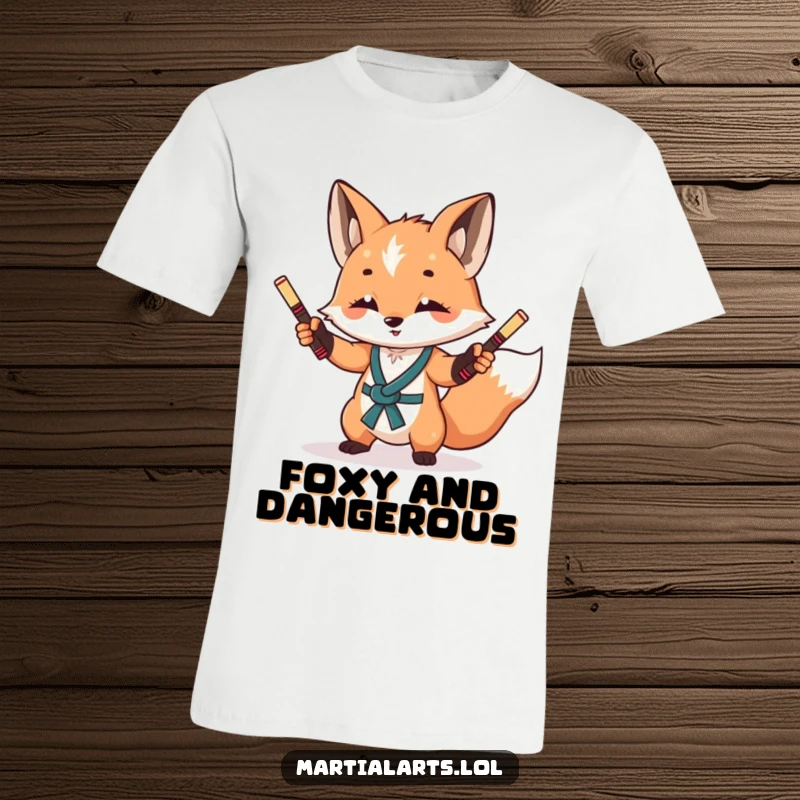 Funny Curious Fox Nunchuck T-Shirt: A sly fox with a playful glint, expertly juggling tiny nunchucks.