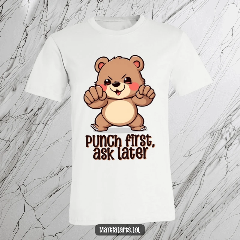 Funny T-Shirt: A brave bear demonstrating a powerful punch, exuding muscular strength and humorous, forceful intent.