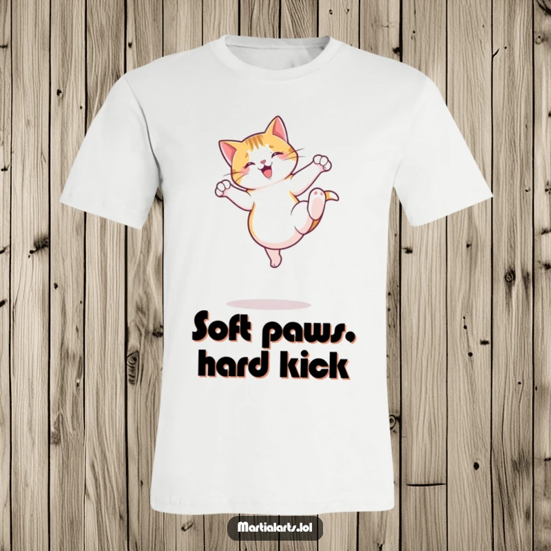 Funny Cat T-Shirt depicting a jumping cat mid-air executing a playful roundhouse kick with impressive agility and humor.