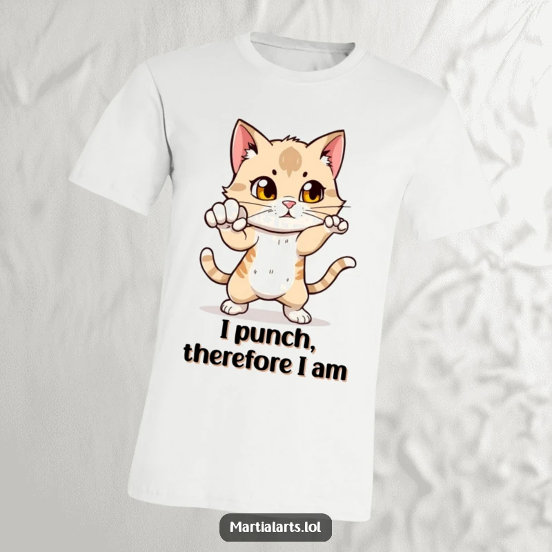 Funny Cat Punch T-Shirt: A curious cat demonstrating a powerful punch, designed for those who appreciate feline agility and a good laugh.