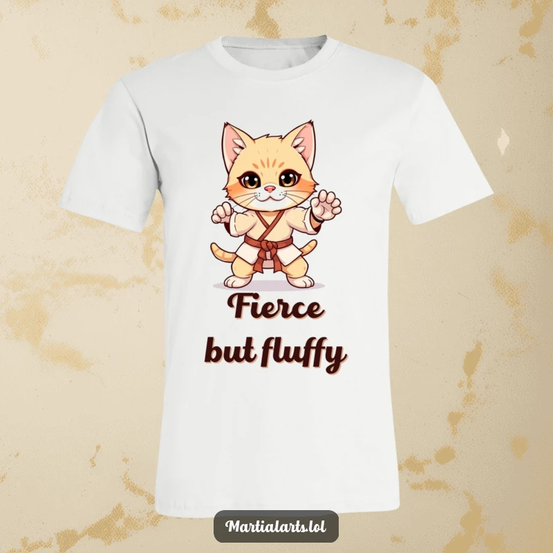 Funny curious kitten in a martial arts pose on a t-shirt, a fierce and funny karate cat design.