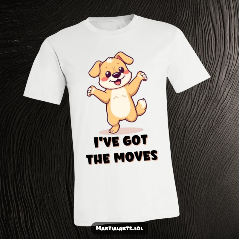 Funny dancing dog t-shirt featuring a dog performing a playful, energetic spin, full of life.