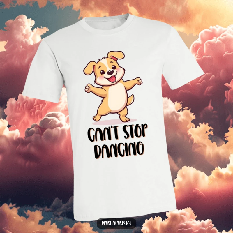 Funny t-shirt depicting a dog in a playful, energetic spin, perfect for capturing movement and joy humorously.