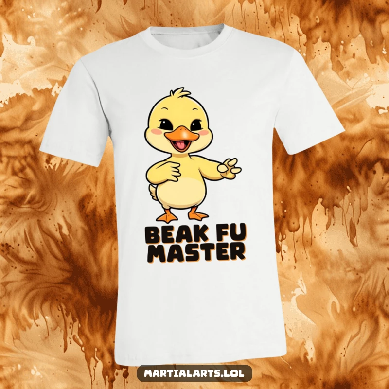 Funny duck with a giggle, mimicking a martial arts move with its beak, printed on this graphic tee.