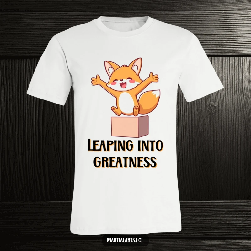 Funny fox in a joyful leap with arms wide open within a block, showcasing pure excitement on this graphic tee.