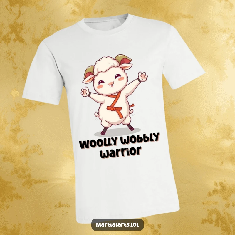 Funny sheep t-shirt depicting a giggling sheep mid-wobbly martial arts move, embodying playful clumsiness.