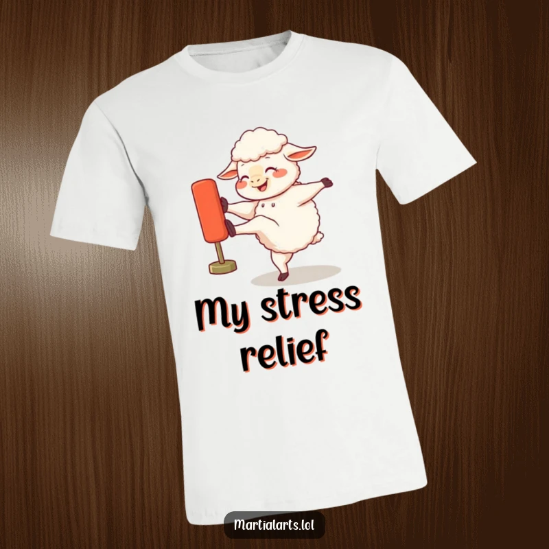Funny t-shirt with a giggling sheep energetically kicking a training dummy, depicting a humorous and determined workout session.