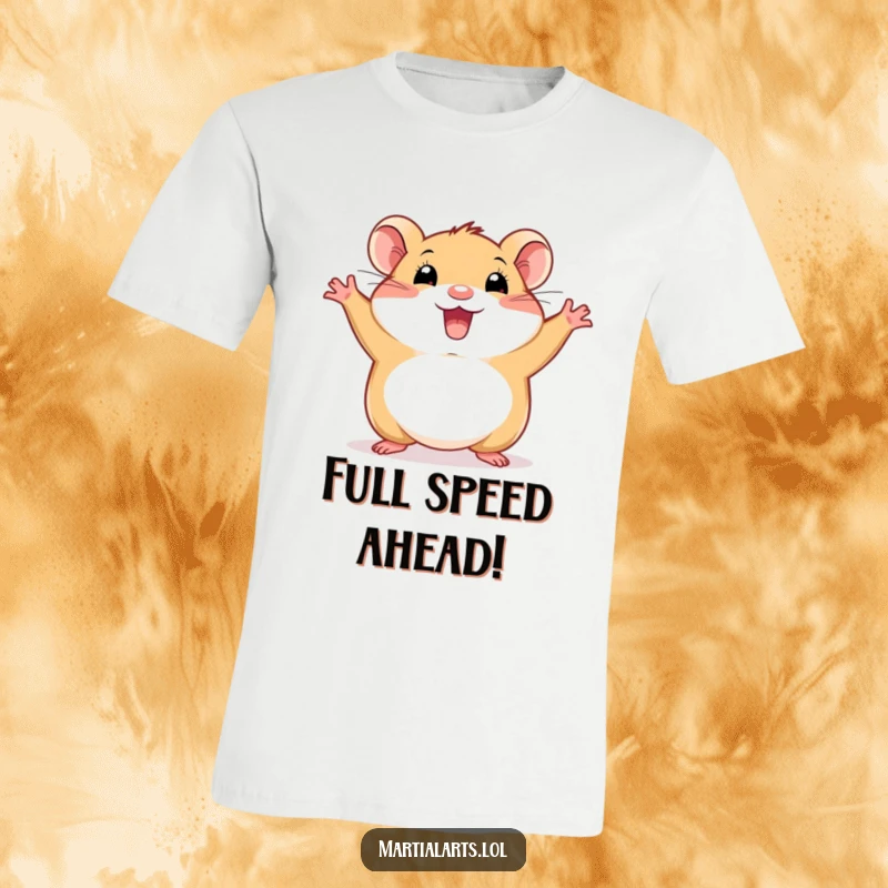 Funny hamster t-shirt displaying a happy little rodent in a wide, energetic stance, symbolizing maximum excitement.