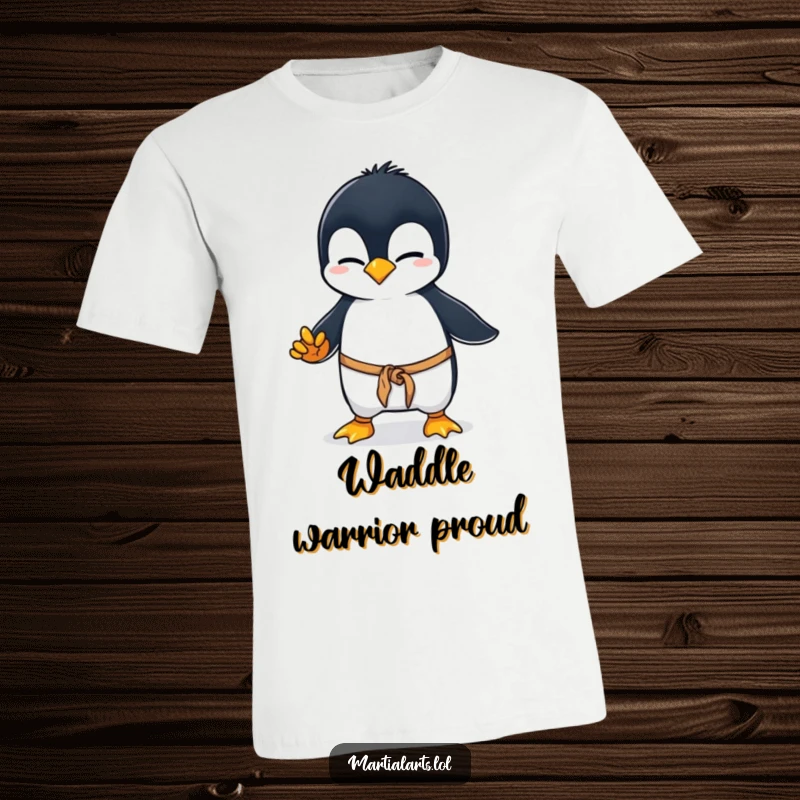 Funny penguin karate t-shirt, a curious penguin wobbling awkwardly in a martial arts stance, displaying a determined yet clumsy effort with a cute face.