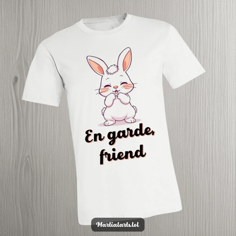 Funny t-shirt depicting a playful bunny bowing with a mock strike, showcasing humor and cuteness.