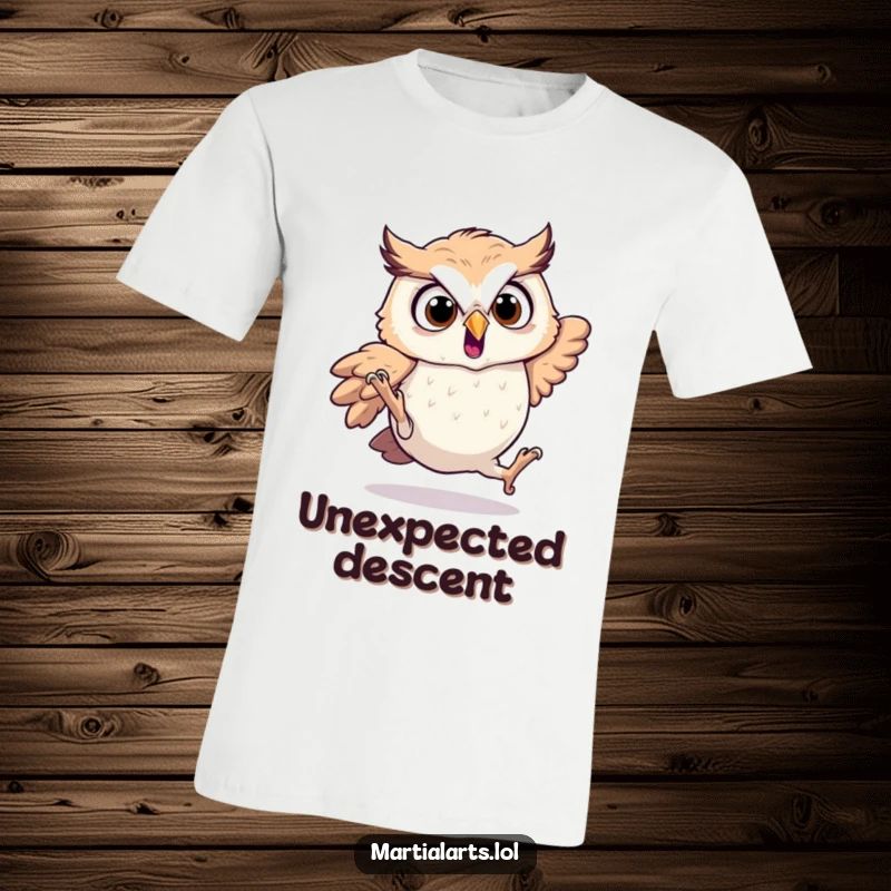 Funny startled owl t-shirt featuring an owl humorously tumbling after a failed leap.