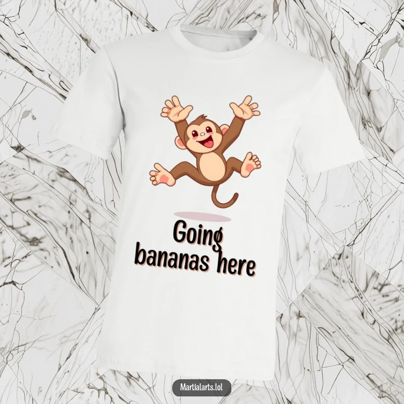Funny monkey flip t-shirt, a mischievous monkey mid-air performing a playful acrobatic flip with a cheeky grin and energetic pose.