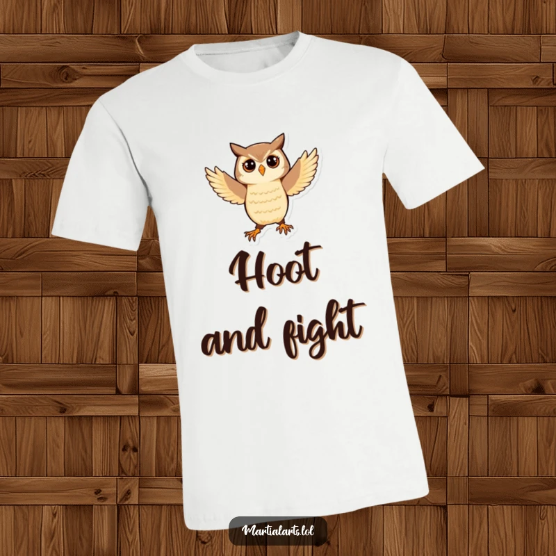 Funny Owl Martial Arts T-Shirt: A playful owl balancing in a focused martial arts stance, conveying calm humor.