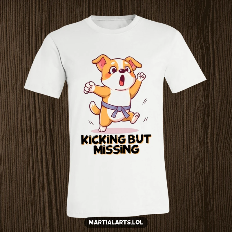 Funny Dog Martial Arts Kick T-Shirt: A surprised dog leaping, attempting an awkward but enthusiastic karate kick.