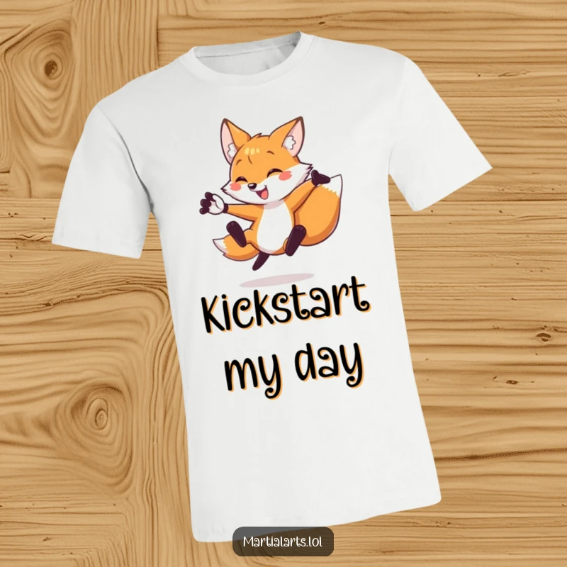 Funny fox t-shirt showcasing a joyful fox performing an impressive flying side kick with paws dramatically extended.